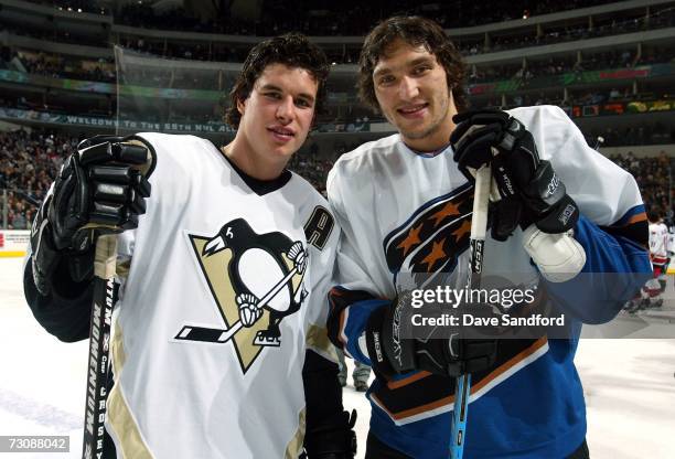 Eastern Conference All-Stars Sidney Crosby of the Pittsburgh Penguins and Alex Ovechkin of the Washington Capitals pose together during the 2007 NHL...