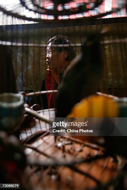 Man sitting beside his bird cage enjoys tea at a Laohuzao teahouse at an alleyway January 23, 2007 in Shanghai, China. Laohuzao is a traditional...