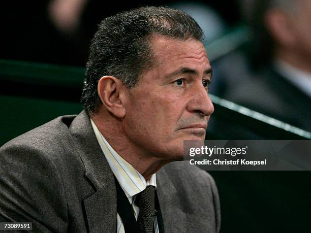 President Hassan Moustafa watches the Men's Handball World Championship Group C game between Germany and Poland at the Gerry Weber stadium on January...