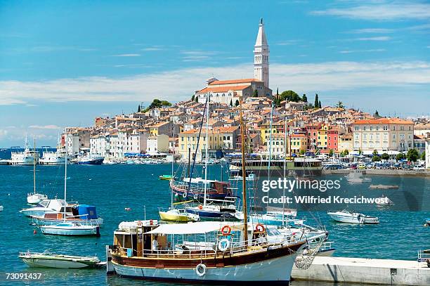 croatia, istria, rovinj, ship in foreground - istria stock pictures, royalty-free photos & images