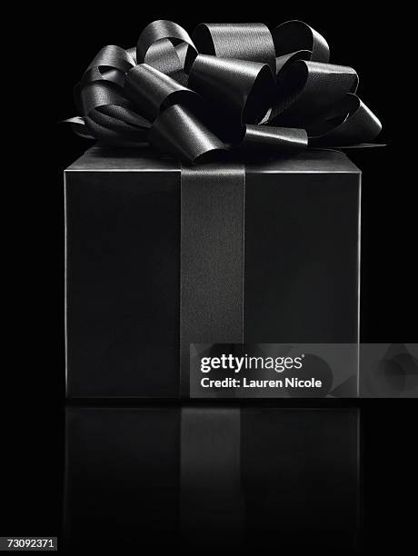 black gift box - black ribbon stock pictures, royalty-free photos & images