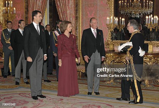 Spanish Royals Crown Prince Felipe, Queen Sofia and King Juan Carlos receive foreign diplomats on January 24, 2007 at the Royal Palace in Madrid.