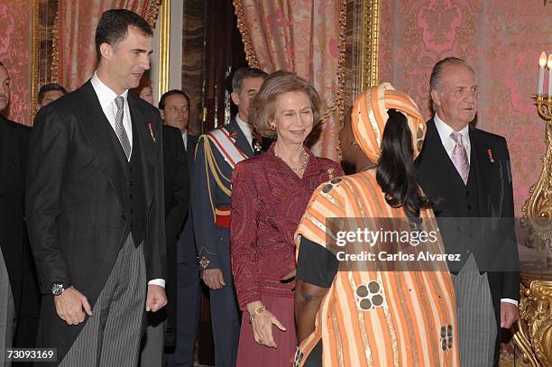 Spanish Royals Crown Prince Felipe, Queen Sofia and King Juan Carlos receive foreign diplomats on January 24, 2007 at the Royal Palace in Madrid.