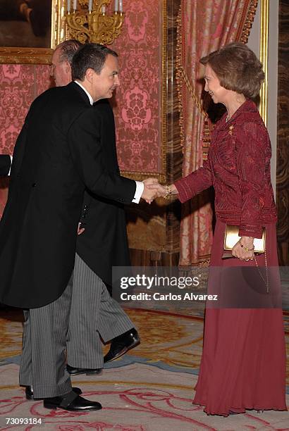 Queen Sofia of Spain shakes hands with Spanish President Jose Luis Rodriguez Zapatero during a reception for visiting foreign diplomats on January...
