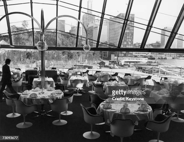 The Bennelong Room restaurant at the Sydney Opera House, with a view down Macquarie Street, 24th July 1973.