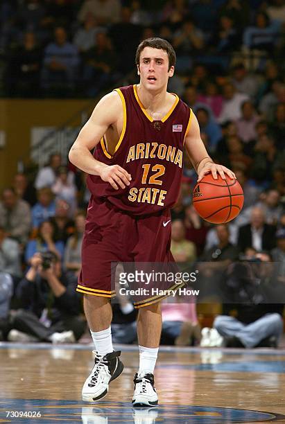 Derek Glasser of the Arizona State Sun Devils dribbles the ball against the UCLA Bruins at the Pauley Pavillion January 18, 2007 in Los Angeles,...