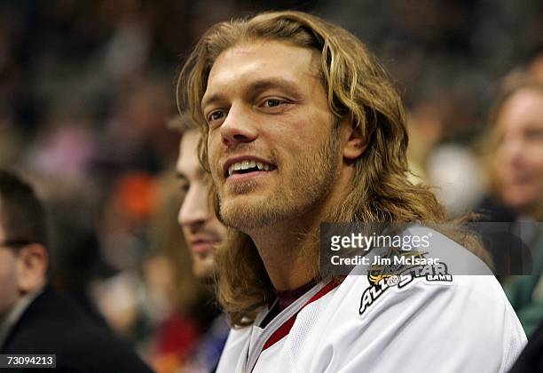 Wrestler "Edge" watches the 2007 NHL Youngstars Game at the American Airlines Center on January 23, 2007 in Dallas, Texas.
