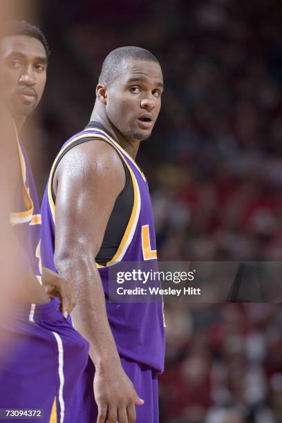 Forward Glen Davis of the LSU Tigers looks down the court against the Arkansas Razorbacks at Bud Walton Arena on January 20, 2007 in Fayetteville,...