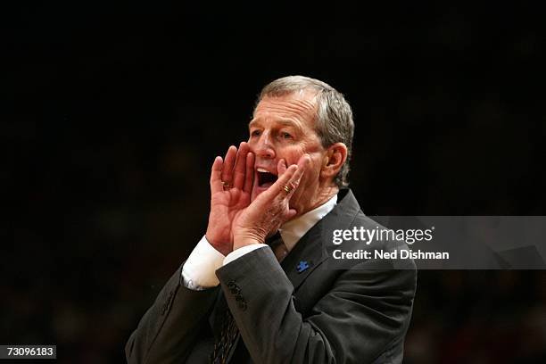 Head coach Jim Calhoun of the University of Connecticut Huskies yells toward the court against the St. John's University Red Storm at Madison Square...