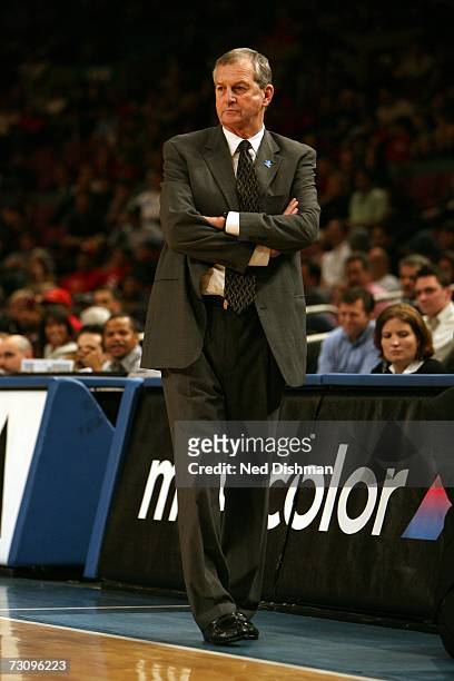 Head coach Jim Calhoun of the University of Connecticut Huskies looks toward the court against the St. John's University Red Storm at Madison Square...