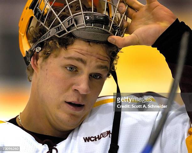 Brian Schack of the Minnesota Gopher looks on after warmups before the game against the Denver Pioneers on January 19, 2007 at Mariuccci Arena in...