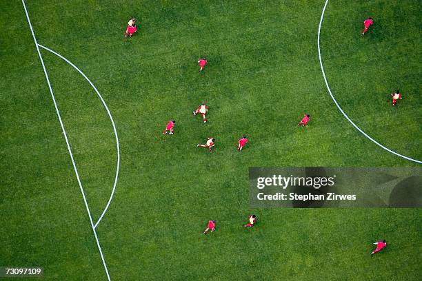 aerial view of football match - aerial view of football field stockfoto's en -beelden