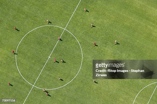 aerial view of football match - terreno di gioco foto e immagini stock