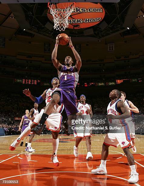 Amare Stoudamire of the Phoenix Suns goes up for a shot against the New York Knicks in NBA action January 24, 2007 at Madison Square Garden in New...