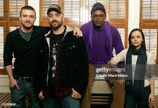 Actors Justin Timberlake, writer/Director Craig Brewer, actor Samuel L. Jackson and actress Christina Ricci from the film "Black Snake Moan" pose for...