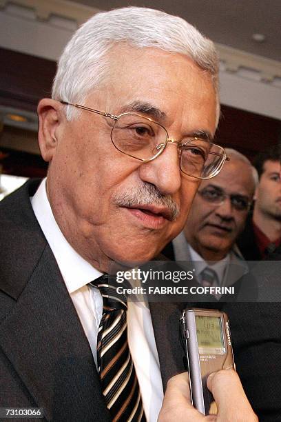Palestinian president Mahmud Abbas talks to the press, 25 January 2007 in Davos, prior to a meeting with German Chancellor Angela Merkel on the...