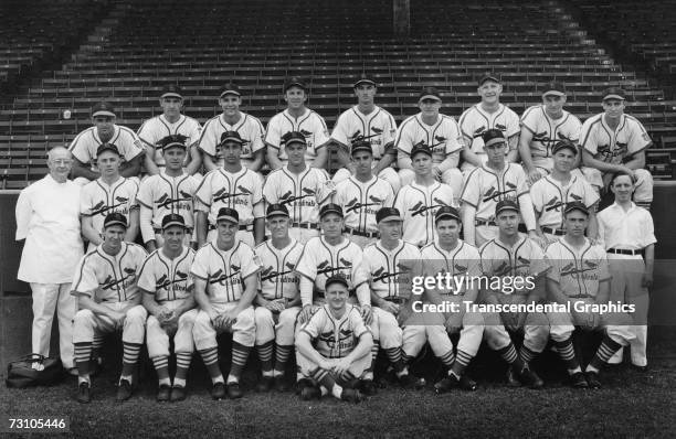 The World Champion St. Louis Cardinals of the National League pose for their team portrait for the season 1942. Hall of Fame members on the team are...