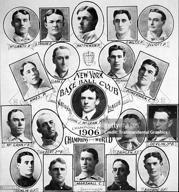 The World Champion New York Giants Base Ball Club appear in a team collage photograph for the season of 1906. Hall of Fame players on the team...