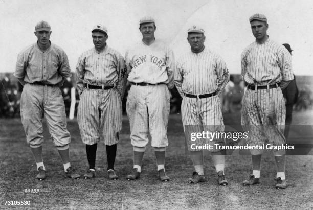 Group of New York Giants pose on the spring training grounds in Marlin Springs, Texas in March of 1911. They are Fred Merkle, Larry Doyle, Christy...