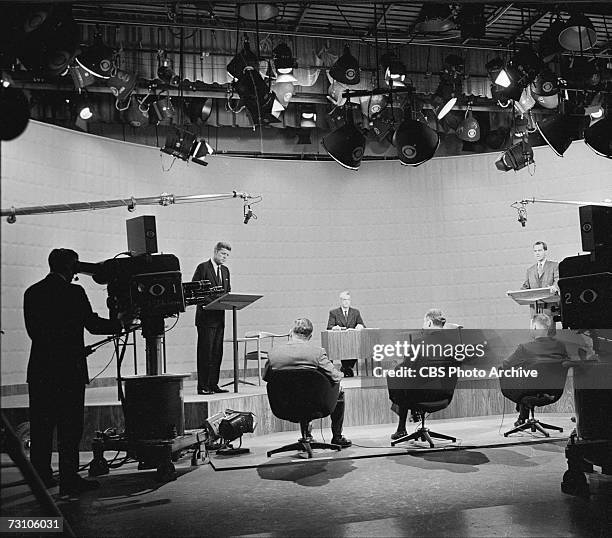 At the first televisied presidential debate, American then-senator and future President John F. Kennedy speaks while then-Vice President and future...