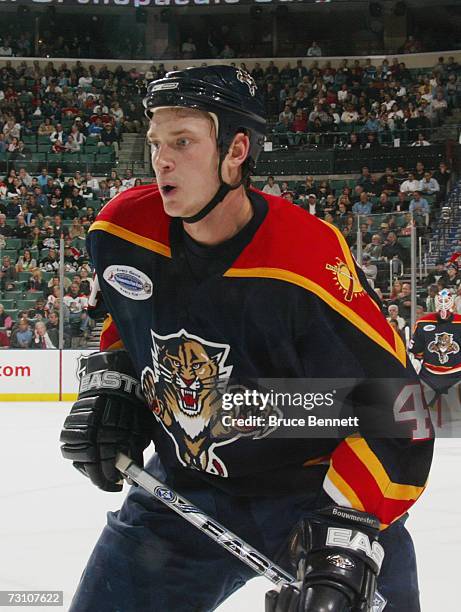 Jay Bouwmeester of the Florida Panthers waits for the puck during the NHL game against the Pittsburgh Penguins on January 10, 2007 at the Bank...