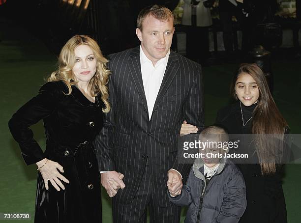 Madonna and husband Guy Ritchie and children Rocco and Lourdes arrive at the Arthur And The Invisibles premier at Vue Leicester Square on January 25,...