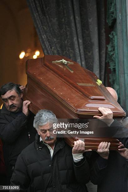 The coffin of Leopoldo Pirelli is carried out of St. George Church during his funeral, on January 25, 2007 in Portofino, Italy. Pirelli, the 81-year-...