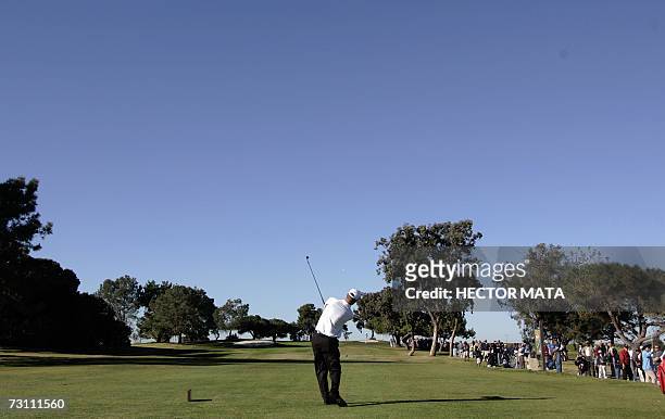 La Jolla, UNITED STATES: Golfer John Senden of Australia tees off on the North Course 12th hole during first round of the Buick Invitational PGA...
