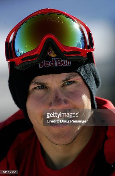 Simon Dumont of Bethel, Maine, qualified in first place in the Skiing Superpipe Men's Elimination at the ESPN Winter X Games 11 January 25, 2007 in...