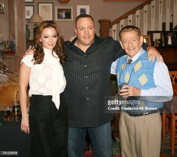 Actress Leah Remini and actors Kevin James and Jerry Stiller attend the "King of Queens" party celebrating the show's 200th episode at Sony Studios...