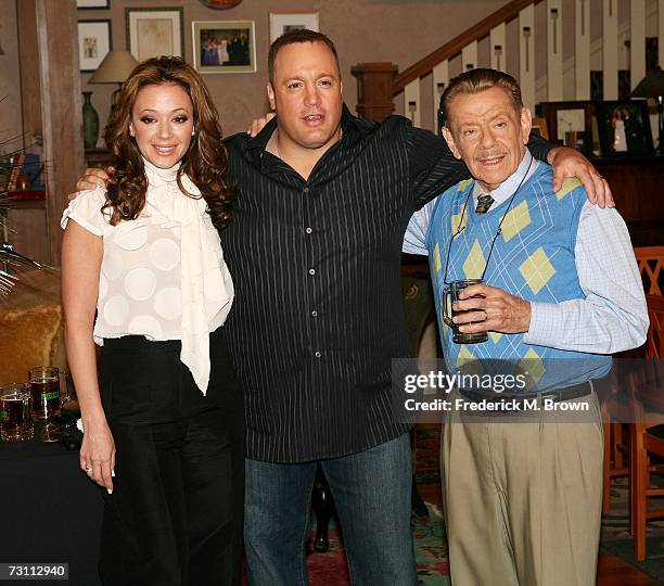 Actress Leah Remini and actors Kevin James and Jerry Stiller attend the "King of Queens" party celebrating the show's 200th episode at Sony Studios...