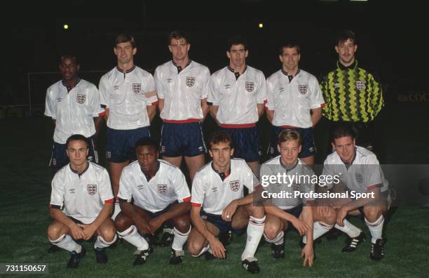 View of the England national football B team squad posed together prior to their friendly international match with Italy B at the Goldstone Ground in...