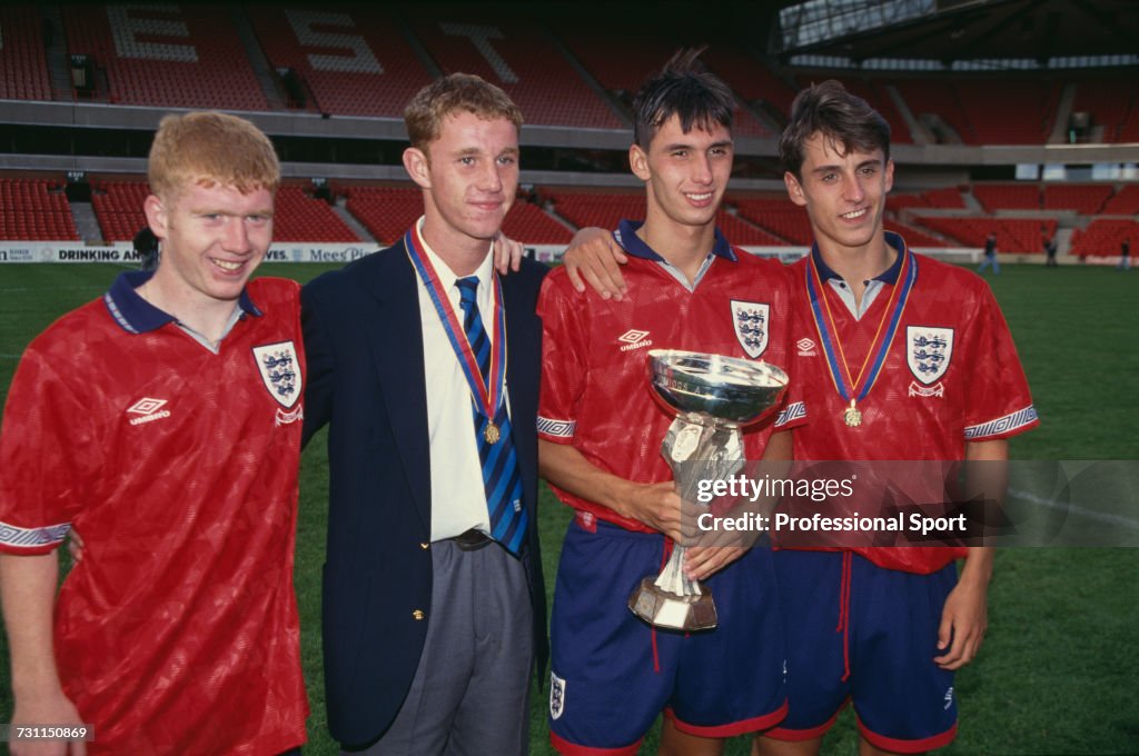 View of English under18 footballers, from left, Paul Scholes, Nicky