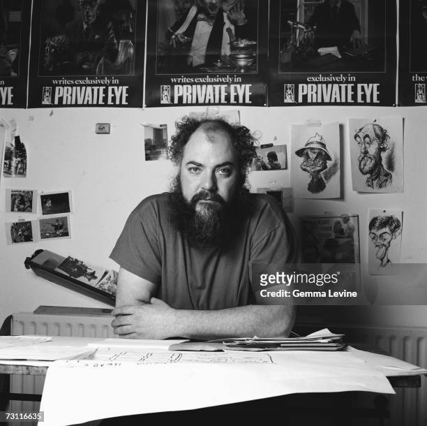 Roger Law, English caricaturist and co-creator of the satirical TV puppet show 'Spitting Image', circa 1987.