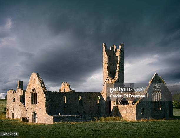 heavy clouds over dominican abbey, kilmallock, county limerick, ireland - kilmallock abbey stock pictures, royalty-free photos & images