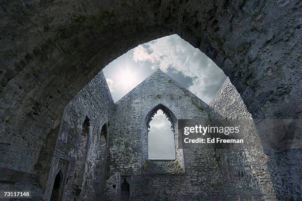 interior of aghaboe abbey, county laois, ireland, low angle view - county laois stock pictures, royalty-free photos & images