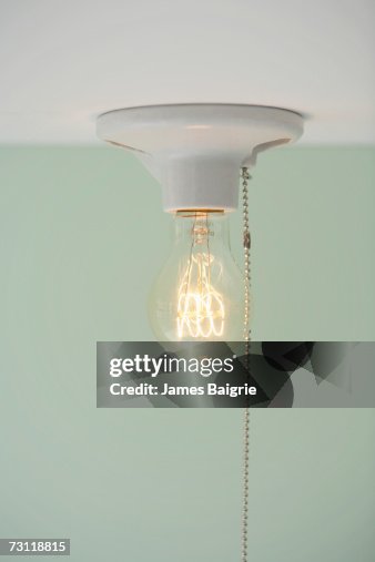 Light bulb with pull cord hanging from ceiling Light bulb with pull cord hanging from ceiling