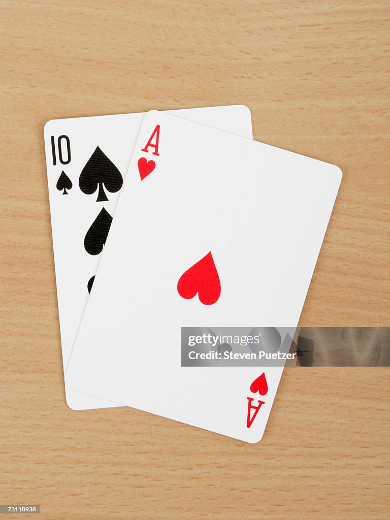 Winning blackjack hand, overhead view