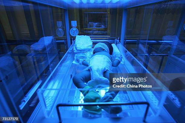 Newly born babies lies in a incubator at Haidian District Women & Children Health Care Hospital on January 25, 2007 in Beijing, China. Chinese...