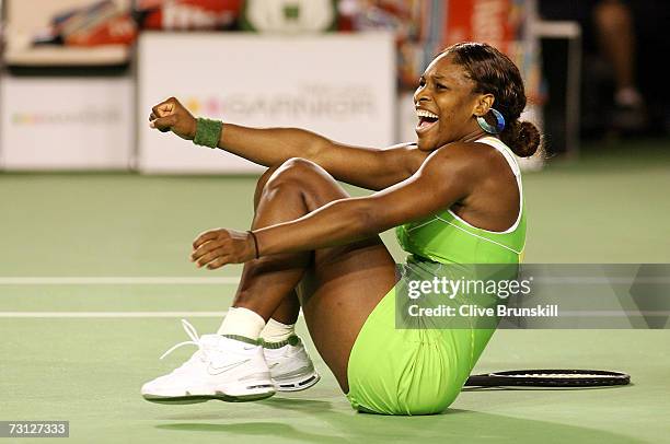 Serena Williams of the USA celebrates winning her women's final match against Maria Sharapova of Russia on day thirteen of the Australian Open 2007...