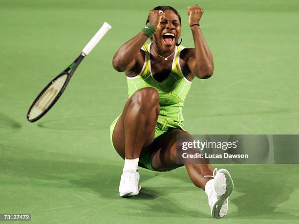 Serena Williams of the USA celebrates winning her women's final match against Maria Sharapova of Russia on day thirteen of the Australian Open 2007...