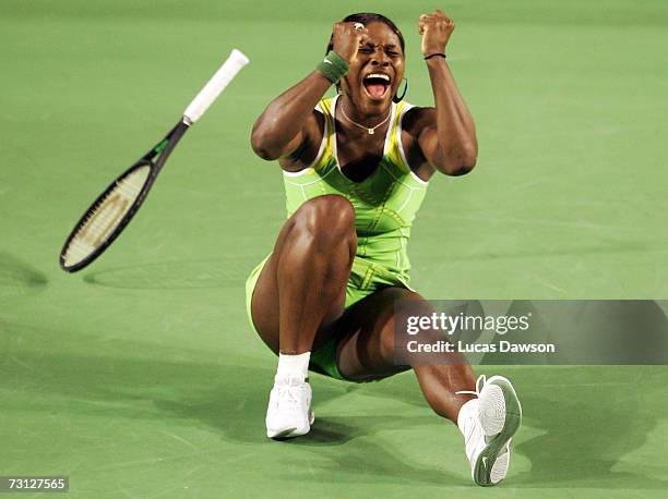 Serena Williams of the USA celebrates winning her women's final match against Maria Sharapova of Russia on day thirteen of the Australian Open 2007...