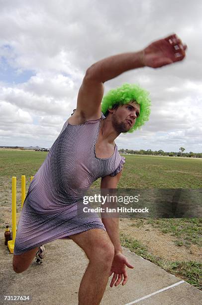 Justin Dennien of the team 'Western Star Pickets' sends down a delivery during the Goldfield Ashes January 26, 2007 in Charters Towers, Australia....