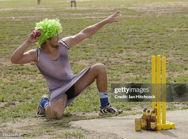 Justin Dennien poses before bowling during the Goldfield Ashes January 26, 2007 in Charters Towers, Australia.Earlier in the day Justin dropped a...