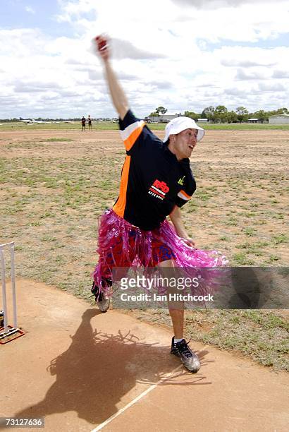 Laurie Irwin from the team 'Two Cans' sends down a delivery during the Goldfield Ashes January 26, 2007 in Charters Towers, Australia. Every...