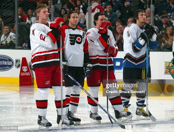 Eastern Conference All-Stars Eric Staal of the Carolina Hurricanes, Simon Gagne of the Philadelphia Flyers, Justin Williams of the Carolina...