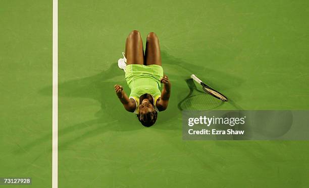 Serena Williams of the USA celebrates winning her women's final match against Maria Sharapova of Russia on day thirteen of the Australian Open 2007...