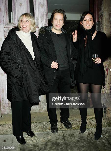 Dame Diana Rigg and her daughter Rachael Stirling pose for a photograph with actor Ronan Vibert outside Wilton's Music Theatre during the Uncle Vanya...