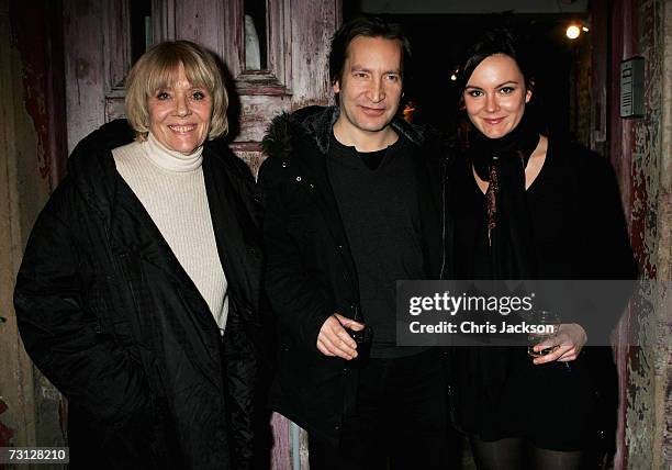 Dame Diana Rigg and her daughter Rachael Stirling pose for a photograph with actor Ronan Vibert outside Wilton's Music Theatre during the Uncle Vanya...