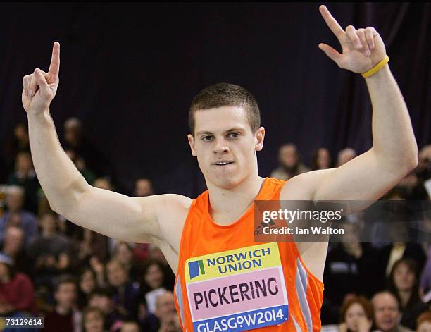 Craig Pickering of Great Britain and Northern Ireland celebratews winning the mens 60 meters during the Norwich Union International Athletics meeting...
